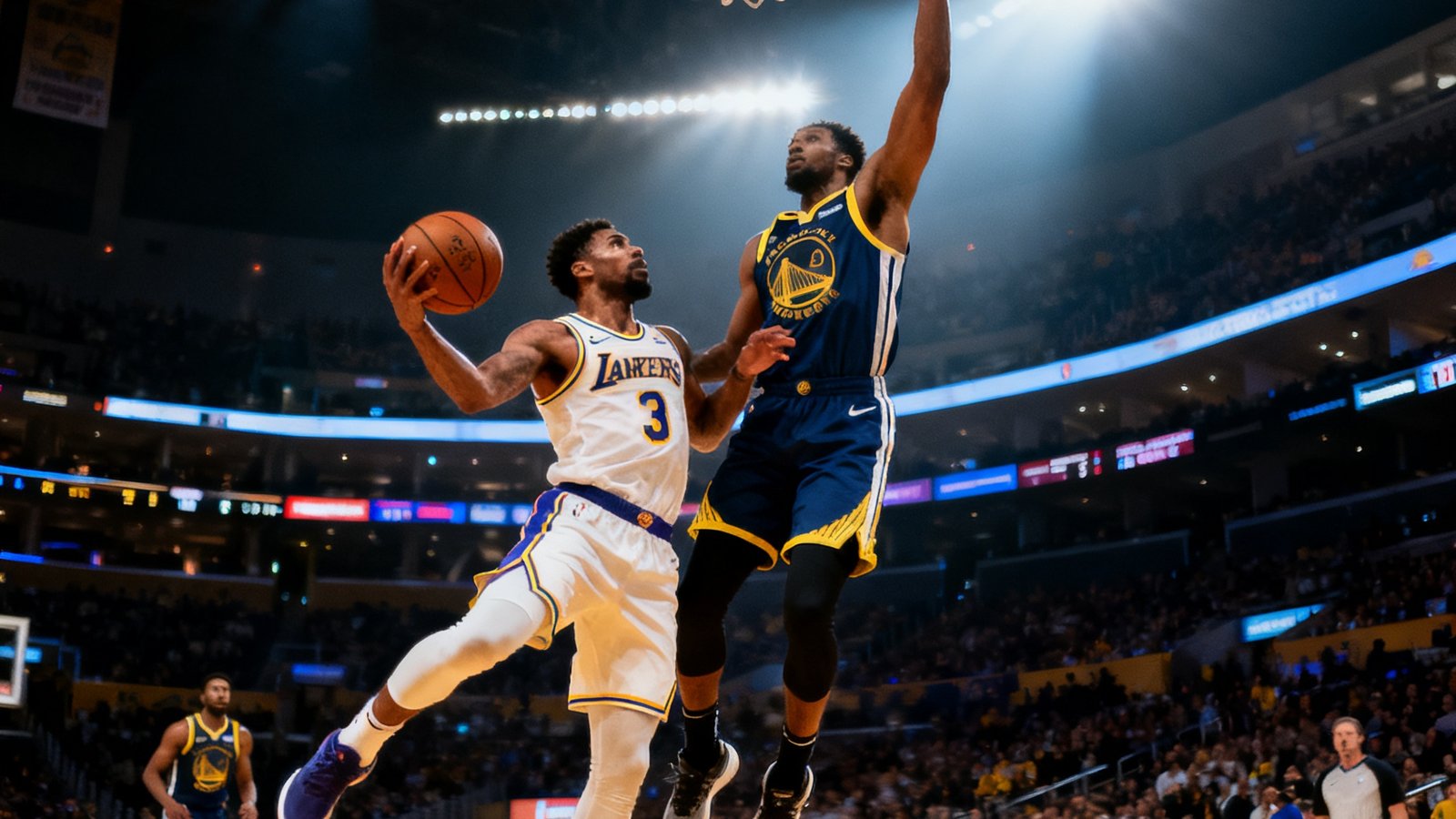 NBA赛场上两名球员激烈对抗，控球后卫突破防守后高高跃起准备扣篮，全场灯光聚焦于球场中央